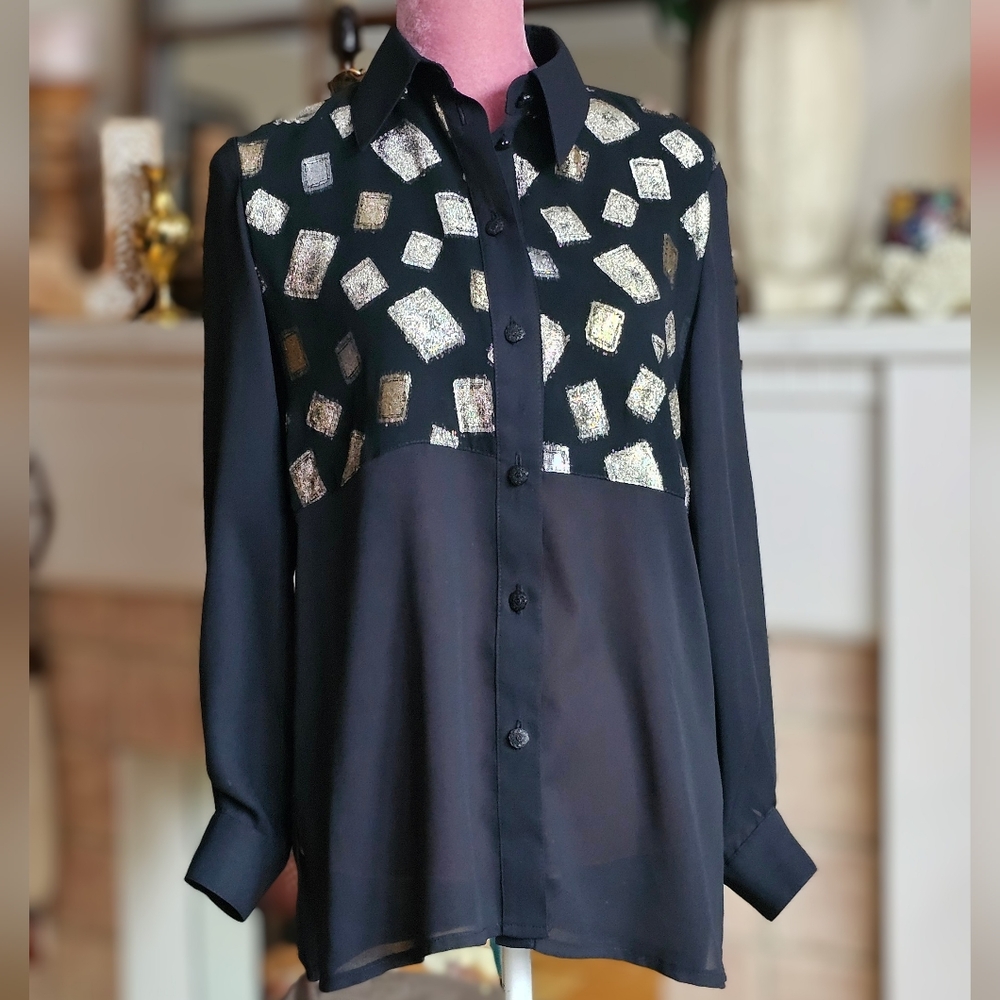 Denise Cape Proportions Petite black sheer blouse.